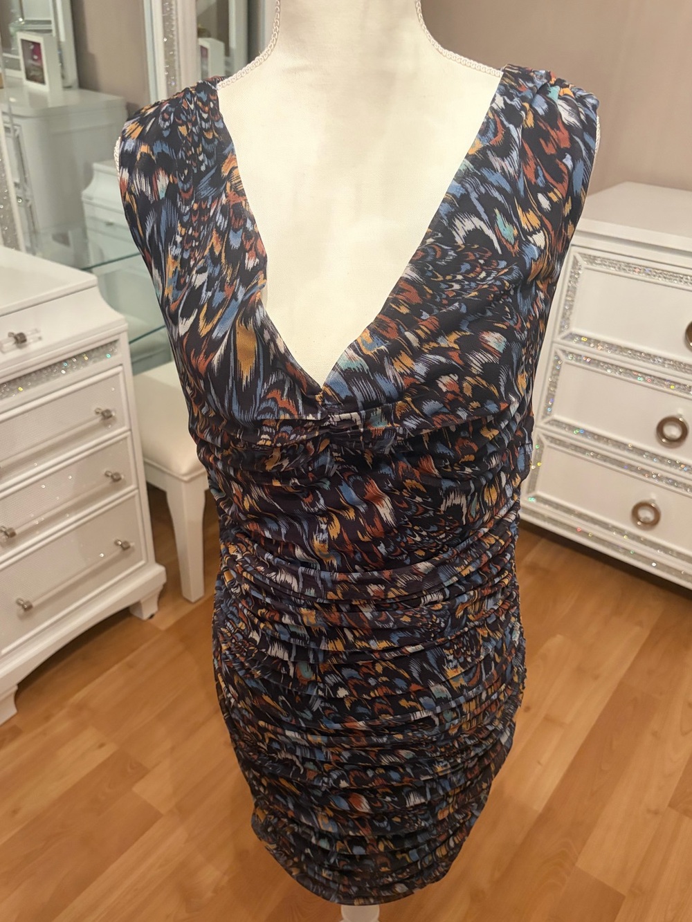 NWT Express Feather Ruched Mini Dress Size L
